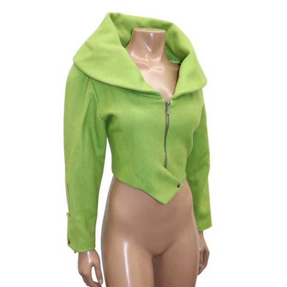 Vintage 80s SANTANA Lime Green Crop Jacket Oversized Collar Zip Front M - Picture 3 of 9